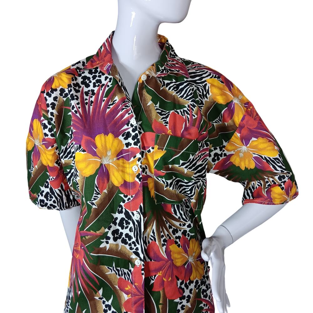 Vintage Natalie Button Down Shirt Tropical and Animal Print Large 100% Cotton